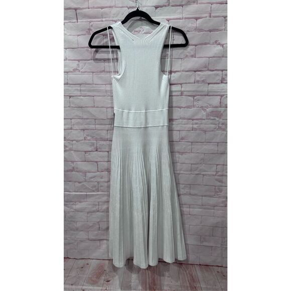 express   White Ribbed Knit Sleeveless Midi Dress Elegant Pleated Skirt small - Picture 5 of 7